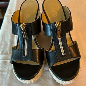Michael Kors Black Leather Bradley Zip Wedge Sandals